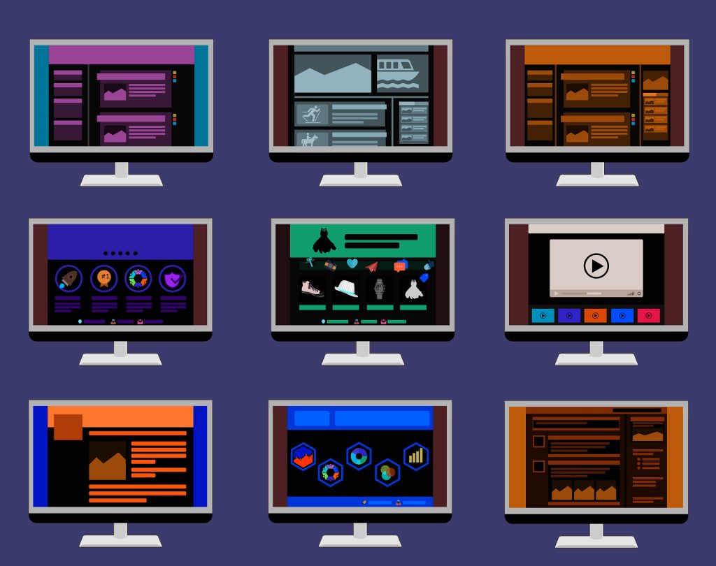 a three by three grid of graphic computer screens displaying various pages 